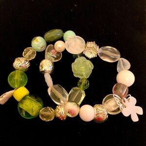 Set of Two Stretch Bracelets Glass Beads with Charms White Pink Green Silver
